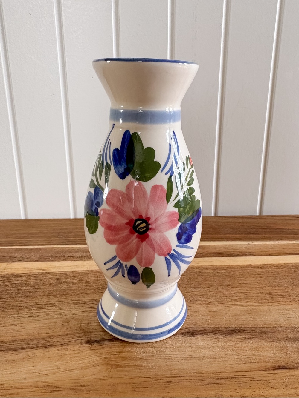 Vintage-Style Hand Painted Floral Ceramic Vase Pink Blue 5.75”